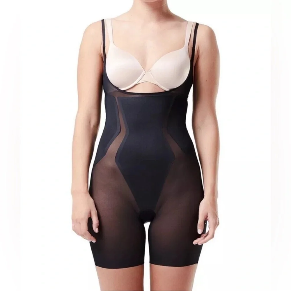 Spanx Haute Contour Open-Bust Mid-Thigh Bodysuit Very Black NWT